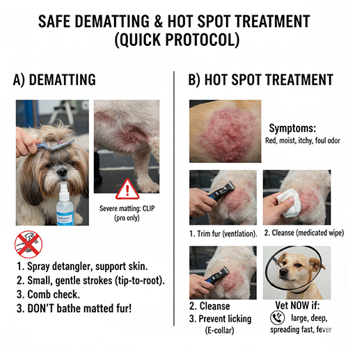 Hướng dẫn gỡ rối lông chó và xử lý hot spot an toàn – quy trình nhanh giúp da khỏe, giảm đau rát và ngừa viêm da.