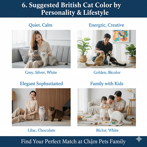 Bộ ảnh minh họa các nhóm mèo Anh với màu sắc khác nhau như xám, golden, lilac và trắng, được gợi ý theo tính cách và lối sống của người nuôi