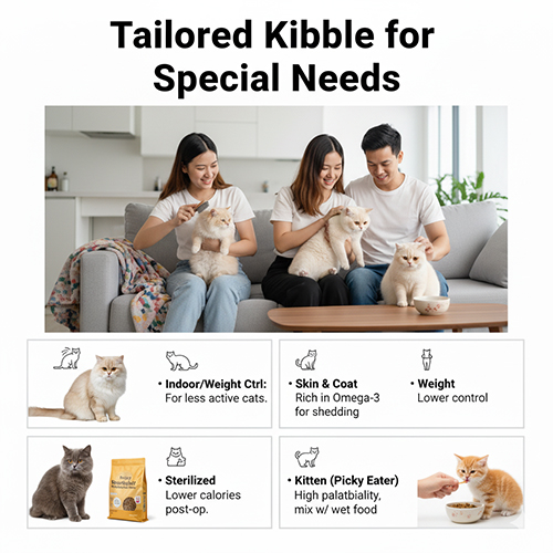 Gia đình chơi với mèo Anh lông ngắn trong phòng khách, minh họa các loại hạt cho từng nhu cầu đặc biệt