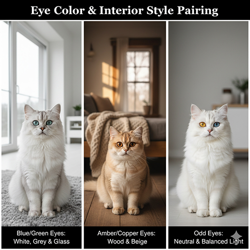 Ba chú mèo Anh với các màu mắt khác nhau – xanh, vàng đồng và hai màu – được chụp trong ba không gian nội thất mang tông trắng, gỗ và trung tính.