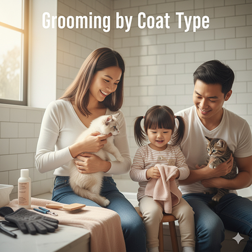 Gia đình grooming mèo con theo kiểu lông: lông ngắn, lông dài và không lông; chải lông, lau mắt, cắt móng đúng cách