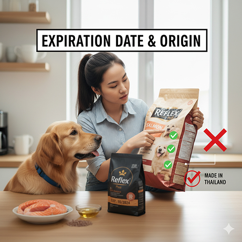 Cô gái xem hạn sử dụng và xuất xứ trên bao thức ăn Reflex cho chó Golden, trên bàn có cá hồi và dầu cá.