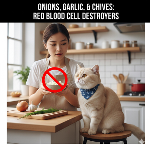 Mèo Anh lông ngắn ngồi trên bàn bếp, chủ cầm bát hành tỏi bị gạch chéo đỏ cảnh báo độc hại.