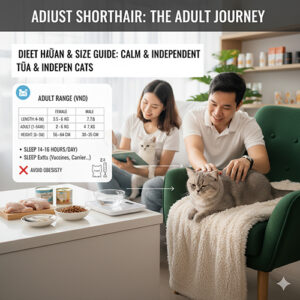 Cặp đôi chăm sóc mèo Anh lông ngắn trưởng thành trong phòng khách, cạnh bàn có thức ăn và phụ kiện chăm mèo, minh họa quá trình phát triển ở tuổi trưởng thành
