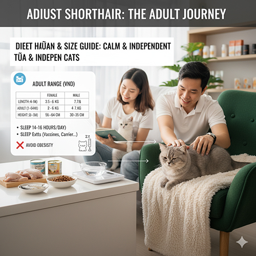 Cặp đôi chăm sóc mèo Anh lông ngắn trưởng thành trong phòng khách, cạnh bàn có thức ăn và phụ kiện chăm mèo, minh họa quá trình phát triển ở tuổi trưởng thành