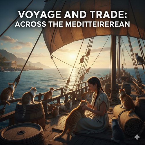 Người phụ nữ cổ đại ngồi trên boong thuyền giữa biển Địa Trung Hải, xung quanh là nhiều chú mèo cùng đi thuyền, thể hiện hành trình loài mèo theo chân thương nhân lan rộng khắp các châu lục.