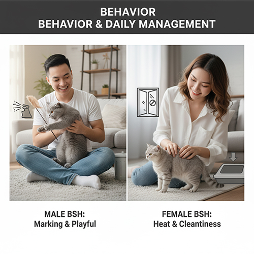 Chàng trai chơi đùa với mèo Anh lông ngắn đực và cô gái vuốt ve mèo cái bên khay cát – minh họa hành vi đặc thù và cách quản lý sinh hoạt hằng ngày theo giới tính