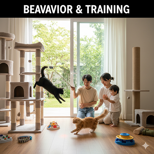 Gia đình đang chơi và huấn luyện hai chú mèo trong phòng khách với nhiều đồ chơi và trụ cào, minh họa chủ đề hành vi và huấn luyện cho mèo.