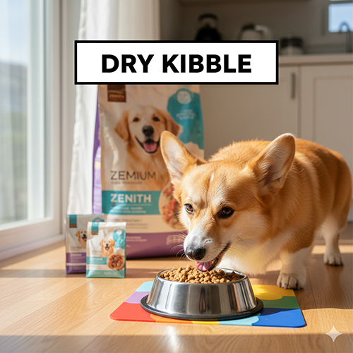 Corgi đang ăn hạt khô từ bát inox, phía sau là bao bì thức ăn khô trong phòng sáng cạnh cửa sổ.