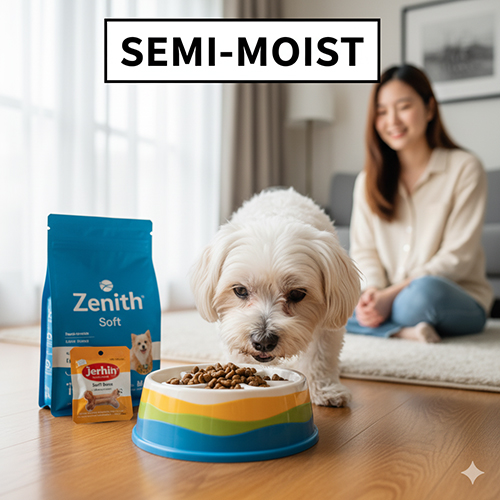 Chó nhỏ lông trắng ăn hạt mềm từ bát màu sắc, phía sau có bao bì Zenith Soft và Jerhigh, cô chủ ngồi trên sofa.