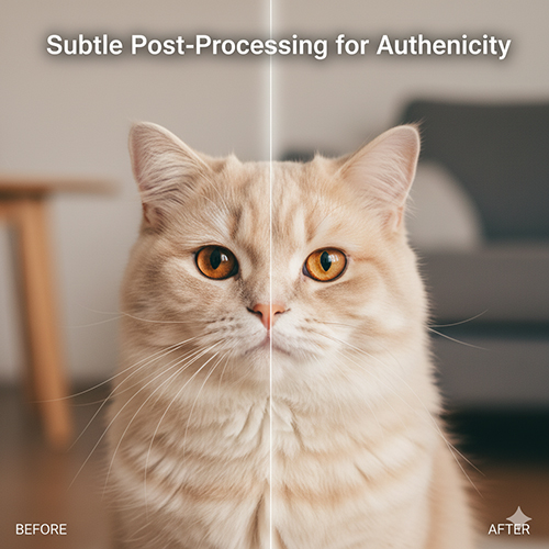 Ảnh so sánh trước và sau hậu kỳ của mèo Anh lông vàng mắt đồng, cho thấy sự điều chỉnh nhẹ giúp giữ màu tự nhiên và chi tiết quanh mắt.