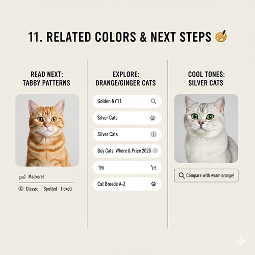 Bảng gợi ý hệ màu liên quan đến mèo vàng và các bước tìm hiểu tiếp theo như tabby, golden, silver