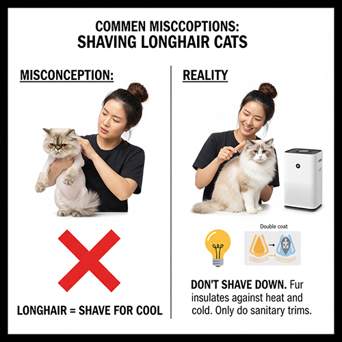 So sánh hiểu lầm “mèo lông dài nên cạo trụi cho mát” với thực tế rằng bộ lông giúp cách nhiệt, chỉ nên tỉa vệ sinh khi cần thiết.