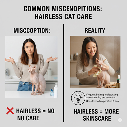 So sánh hiểu lầm “mèo không lông thì không cần chăm” với thực tế mèo Sphynx cần tắm, dưỡng da và giữ ấm thường xuyên để bảo vệ sức khỏe.