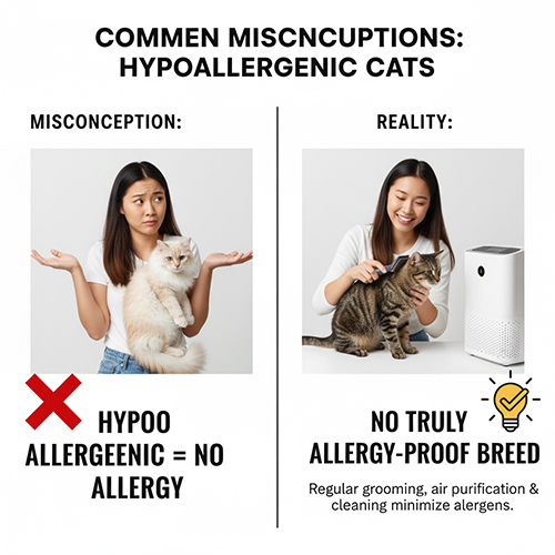 So sánh hiểu lầm “mèo hypoallergenic không gây dị ứng” với thực tế rằng không có giống nào hoàn toàn chống dị ứng, vệ sinh và lọc không khí mới là yếu tố quan trọng.