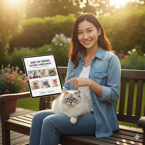 Người phụ nữ ngồi ngoài vườn cùng mèo lông dài, cầm máy tính bảng hiển thị bộ sưu tập ảnh các giống mèo hiếm với hình thái đặc trưng