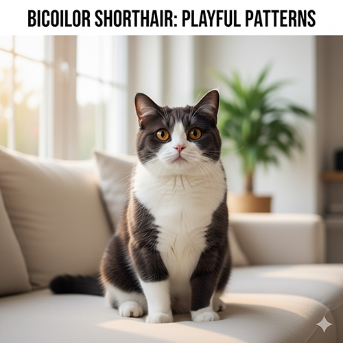 Hình ảnh mèo Anh lông ngắn bicolor – Lông hai màu đối lập với hoa văn “mặt nạ” đáng yêu