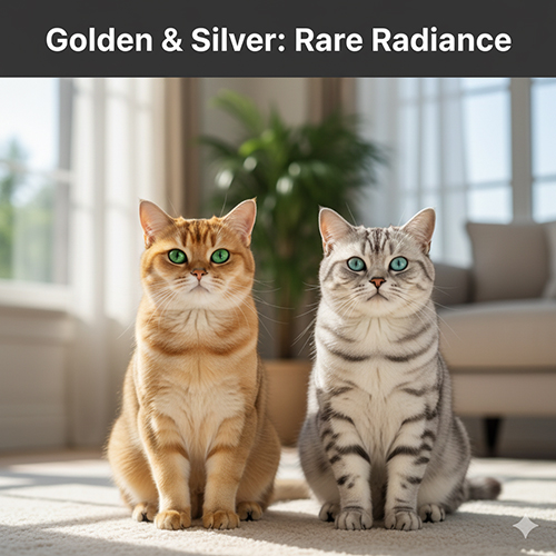Hình ảnh mèo Anh lông ngắn golden và silver – Màu lông hiếm, sang trọng và nổi bật với đôi mắt xanh