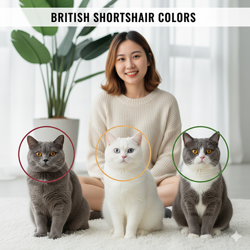 Hình ảnh mèo Anh lông ngắn nhiều màu sắc: xám xanh, trắng, bicolor, tabby, golden, silver