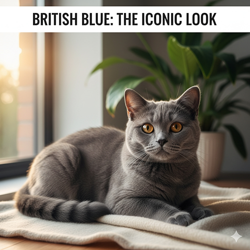 Hình ảnh mèo Anh lông ngắn xám xanh – British Blue với bộ lông dày mượt và đôi mắt vàng cam đặc trưng