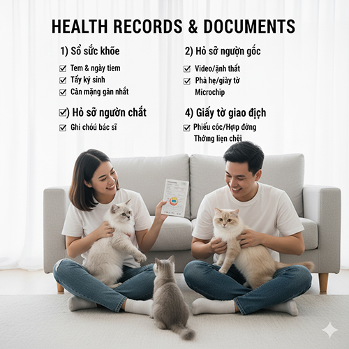 Danh sách giấy tờ và hồ sơ y tế cần có khi nhận mèo cảnh.