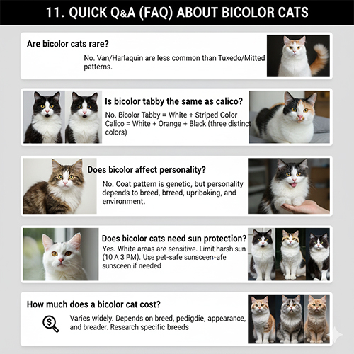Câu hỏi thường gặp về mèo bicolor gồm độ hiếm phân biệt bicolor tabby và tam thể tính cách chống nắng và giá