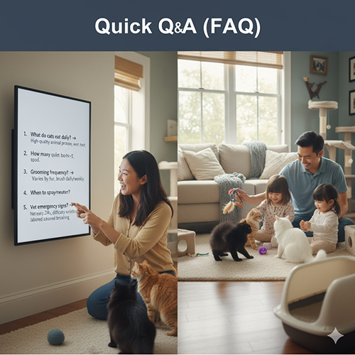 Gia đình chơi cùng mèo trong phòng khách và đọc bảng hỏi đáp nhanh về chăm sóc mèo hằng ngày
