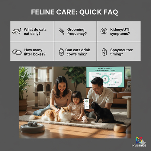 Gia đình vui đùa cùng hai chú mèo trong phòng khách, kèm bảng tóm tắt câu hỏi thường gặp về chăm sóc mèo như ăn uống, khay cát và triệt sản