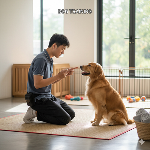 Huấn luyện chó: người huấn luyện đang chỉ tay dạy chú chó Golden trong phòng sáng tự nhiên