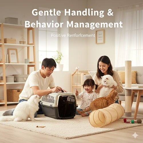 Gia đình tập cho mèo làm quen với carrier và chơi cùng mèo trong không gian an toàn