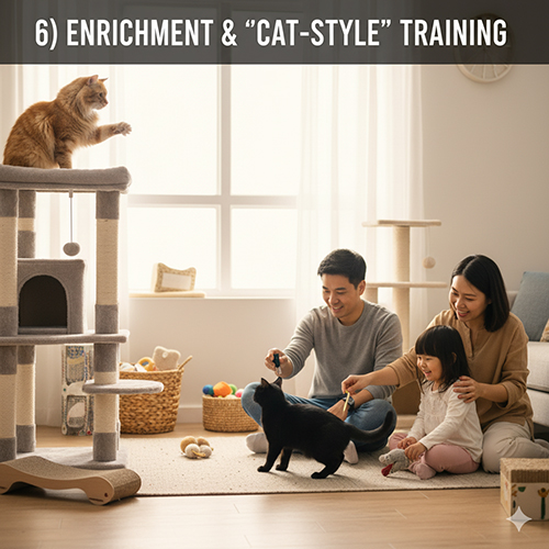 Cách huấn luyện và làm giàu môi trường cho mèo: dùng trụ cào, đồ chơi, nhà cây và thưởng khi hành vi đúng thay vì phạt.