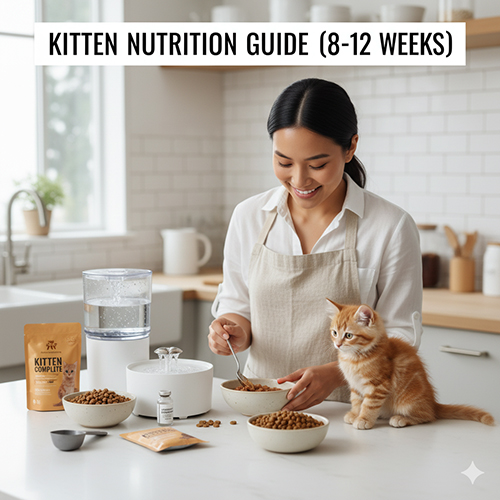 Người phụ nữ chuẩn bị bữa ăn cho mèo con 8–12 tuần tuổi với thức ăn hạt, nước và bổ sung dinh dưỡng, minh họa hướng dẫn dinh dưỡng cho mèo con.