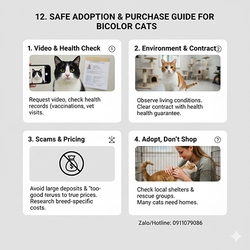 Hướng dẫn mua và nhận nuôi mèo bicolor an toàn với kiểm tra sức khỏe môi trường nuôi và tránh lừa đảo