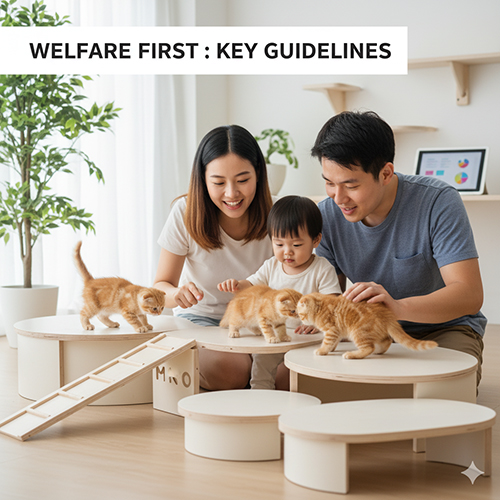 Gia đình chơi cùng mèo con trên các bục thấp trong phòng sáng, minh họa hướng dẫn phúc lợi và môi trường an toàn cho mèo cảnh.
