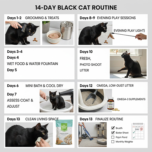 Kế hoạch 14 ngày chăm sóc mèo đen gồm grooming, dinh dưỡng, chơi đùa và vệ sinh môi trường sống