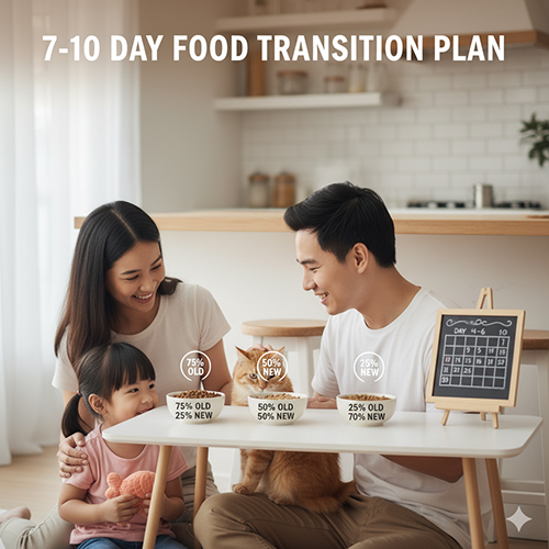 Gia đình cho mèo ăn trên bàn nhỏ, bảng lịch và biểu đồ phần trăm minh họa tỉ lệ thức ăn cũ – mới theo từng giai đoạn 7–10 ngày.