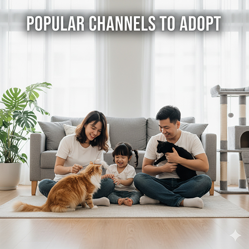 Gia đình vui chơi cùng mèo trong phòng khách sáng sủa, minh họa các kênh mua mèo cảnh phổ biến