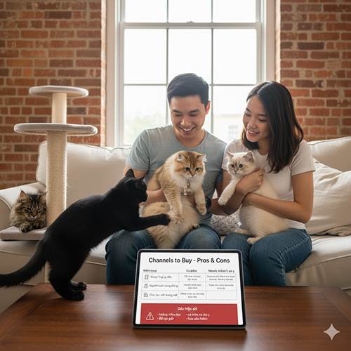 Gia đình bên nhiều mèo đang xem máy tính bảng hiển thị bảng “Channels to Buy – Pros & Cons”, minh họa kênh mua mèo, ưu/nhược và cách đọc tin đăng