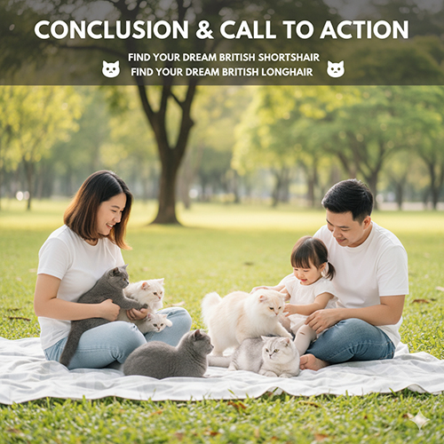 Gia đình ngồi trên thảm cỏ cùng nhiều mèo Anh lông ngắn và lông dài, minh họa cho phần kết bài và lời kêu gọi hành động khi mua mèo Anh an toàn
