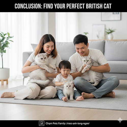 Gia đình trẻ ngồi trong phòng khách sáng, vui đùa cùng ba chú mèo Anh lông ngắn màu silver và silver tabby, tạo cảm giác ấm áp và hiện đại.