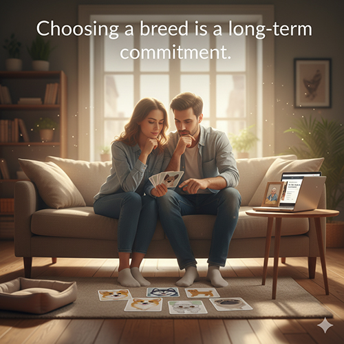 Kết & điều hướng: cặp đôi suy nghĩ chọn giống chó qua thẻ ảnh trong phòng khách, nhấn mạnh “Choosing a breed is a long-term commitment.”