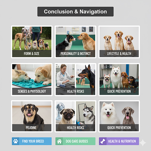Kết & điều hướng đặc điểm loài chó: lưới ảnh các mục Form & Size, Personality & Instinct, Lifestyle & Health, Senses & Physiology, Health Risks, Quick Prevention cùng nút điều hướng ở cuối