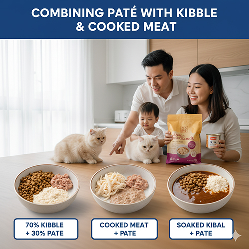 Gia đình cho hai mèo Anh lông ngắn ăn với ba bát gồm 70% hạt 30% pate, thịt nấu kèm pate và hạt ngâm mềm trộn pate