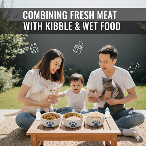 Gia đình cho mèo Anh lông ngắn ăn với ba bát thức ăn gồm hạt khô, pate và thịt tươi, minh họa cách kết hợp dinh dưỡng cân bằng