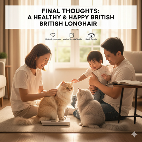 Gia đình vui vẻ cân và vuốt ve mèo Anh lông dài trong phòng khách sáng, minh họa kết luận về chăm sóc cân nặng mèo ALD.