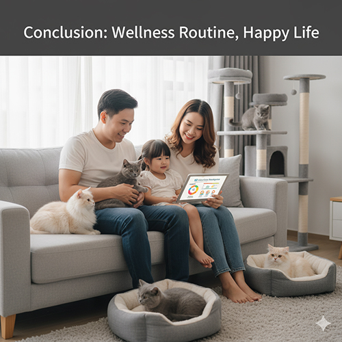 Gia đình trẻ ngồi trên sofa cùng con nhỏ và bốn chú mèo Anh, cầm máy tính bảng hiển thị biểu đồ theo dõi sức khỏe và cân nặng.