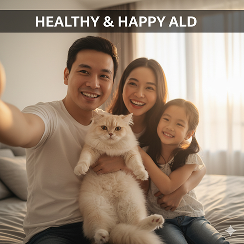 Gia đình hạnh phúc chụp ảnh cùng mèo Anh lông dài khỏe mạnh, minh họa cho kết luận về chế độ dinh dưỡng chuẩn.