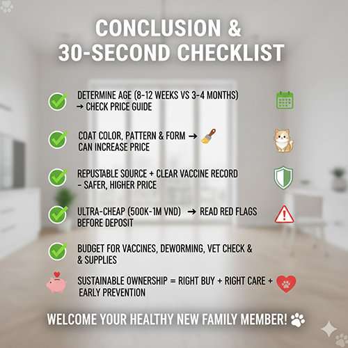 ảnh checklist 30 giây kết luận cách mua mèo con an toàn và đúng ngân sách