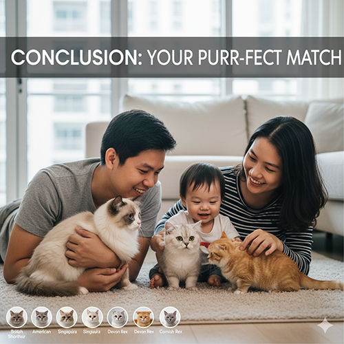 Gia đình trẻ cùng em bé vui đùa với bốn chú mèo cảnh trong phòng khách, minh họa kết luận về việc chọn mèo phù hợp lối sống.