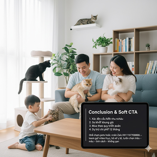 Gia đình bên nhiều mèo, màn hình hiển thị “Conclusion & Soft CTA” tóm tắt: xác định cấu hình nhu cầu, so khớp khung giá, mua theo quy trình an toàn, dự trù chi phí 12 tháng; gợi ý liên hệ Zalo 0911079086